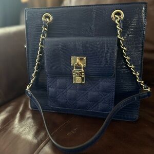 Anne Klein Navy Blue Shoulder Bag with Gold Chain